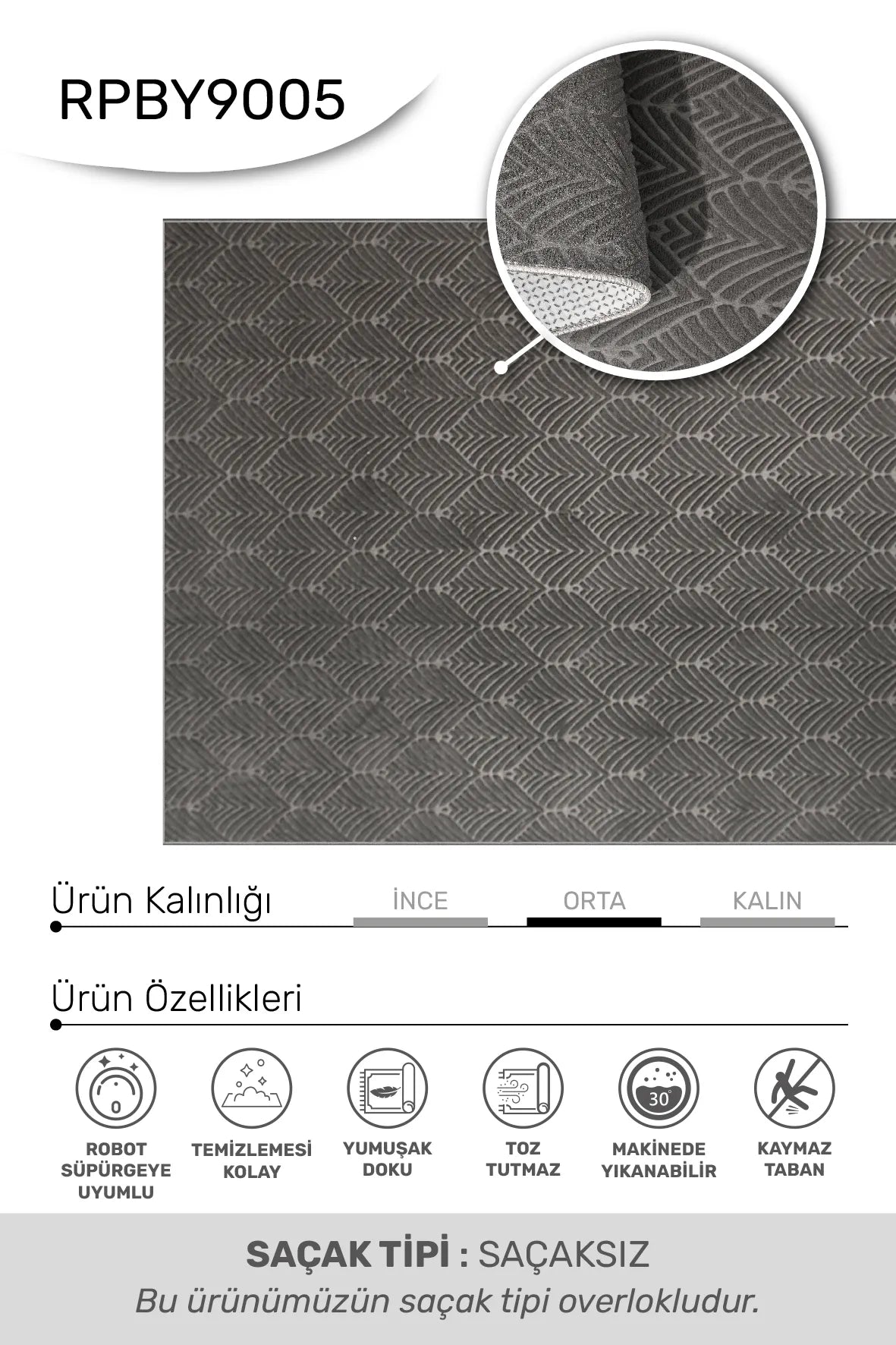 Antrasit Kabartma Dalga Desenli Yıkanabilir Halı