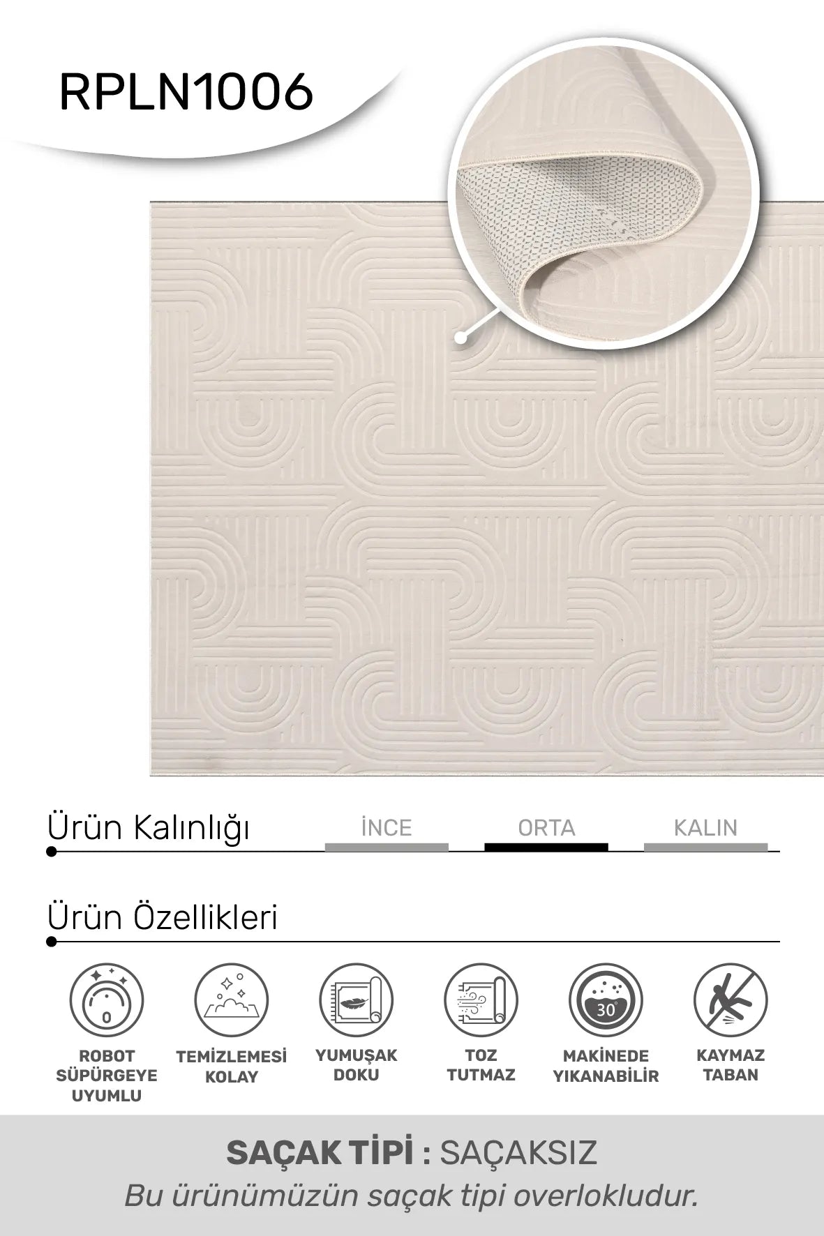 Beyaz Kabartma Kemer Desenli Yıkanabilir Halı