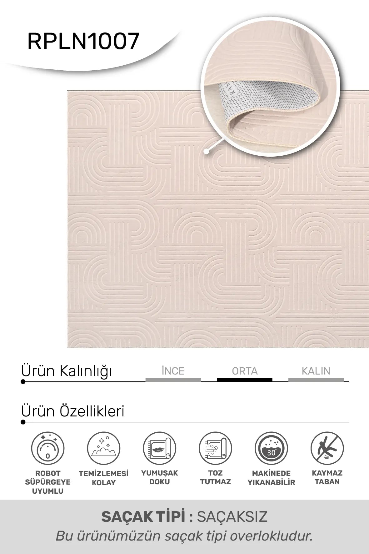 Kırık Beyaz Kabartma Geometrik Yıkanabilir Halı