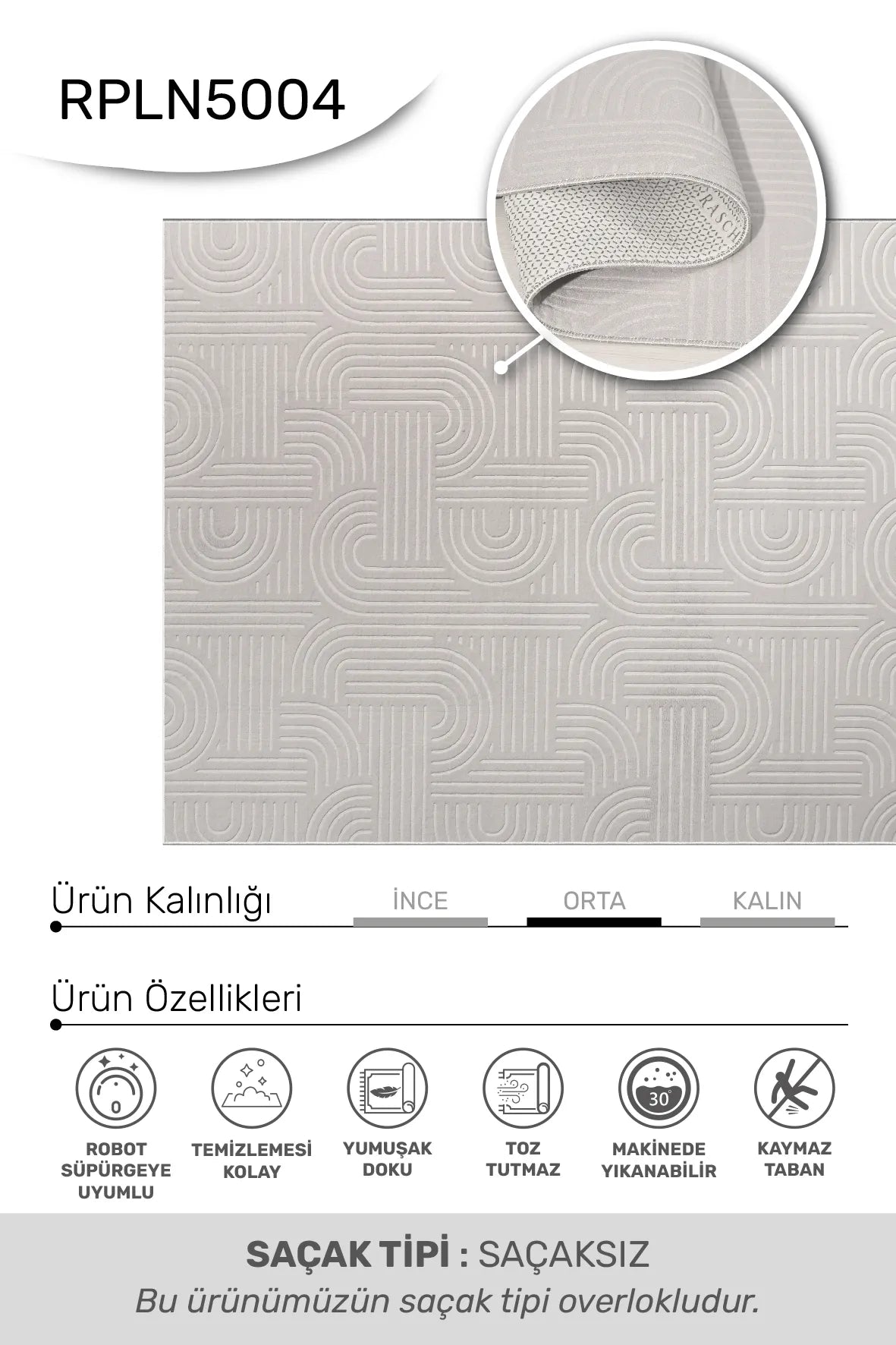 Gri Kabartma Geometrik Desenli Yıkanabilir Halı