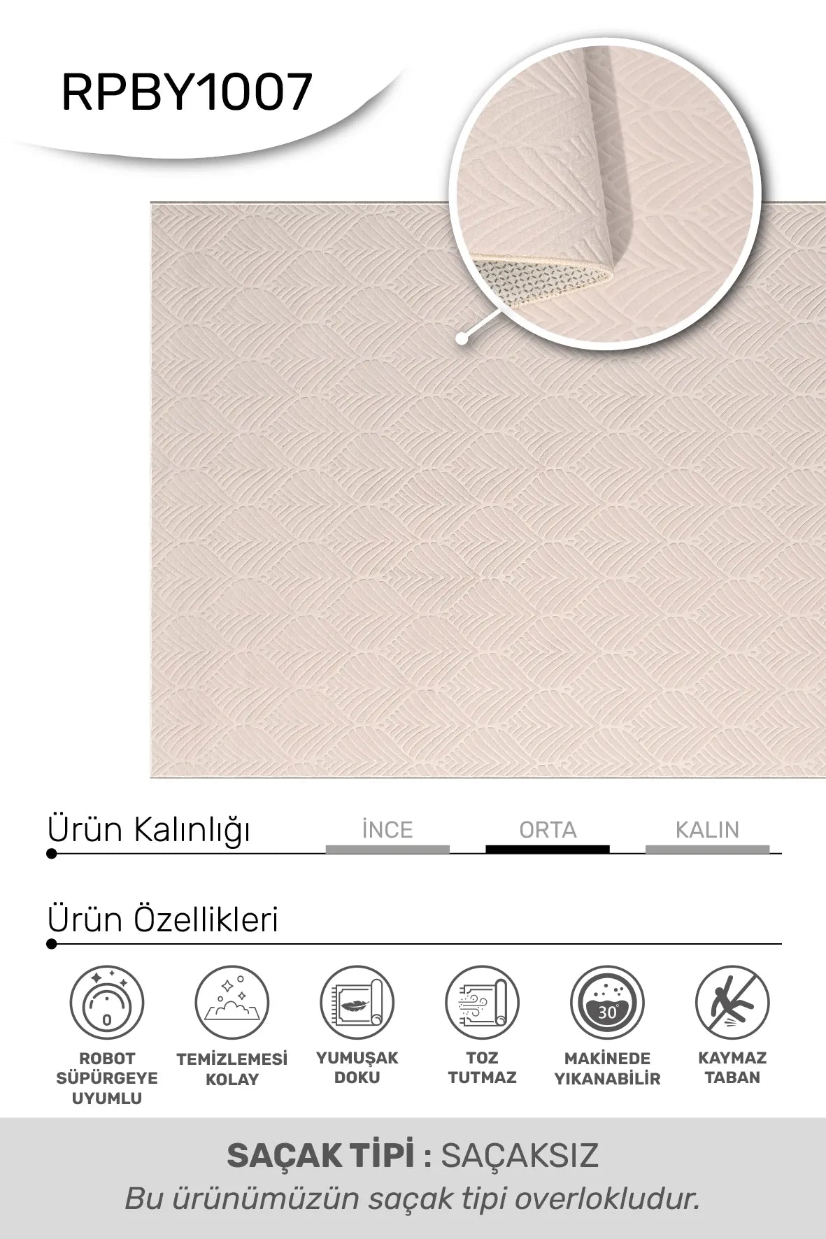 Kırık Beyaz Kabartma Dalga Desenli Yıkanabilir Halı