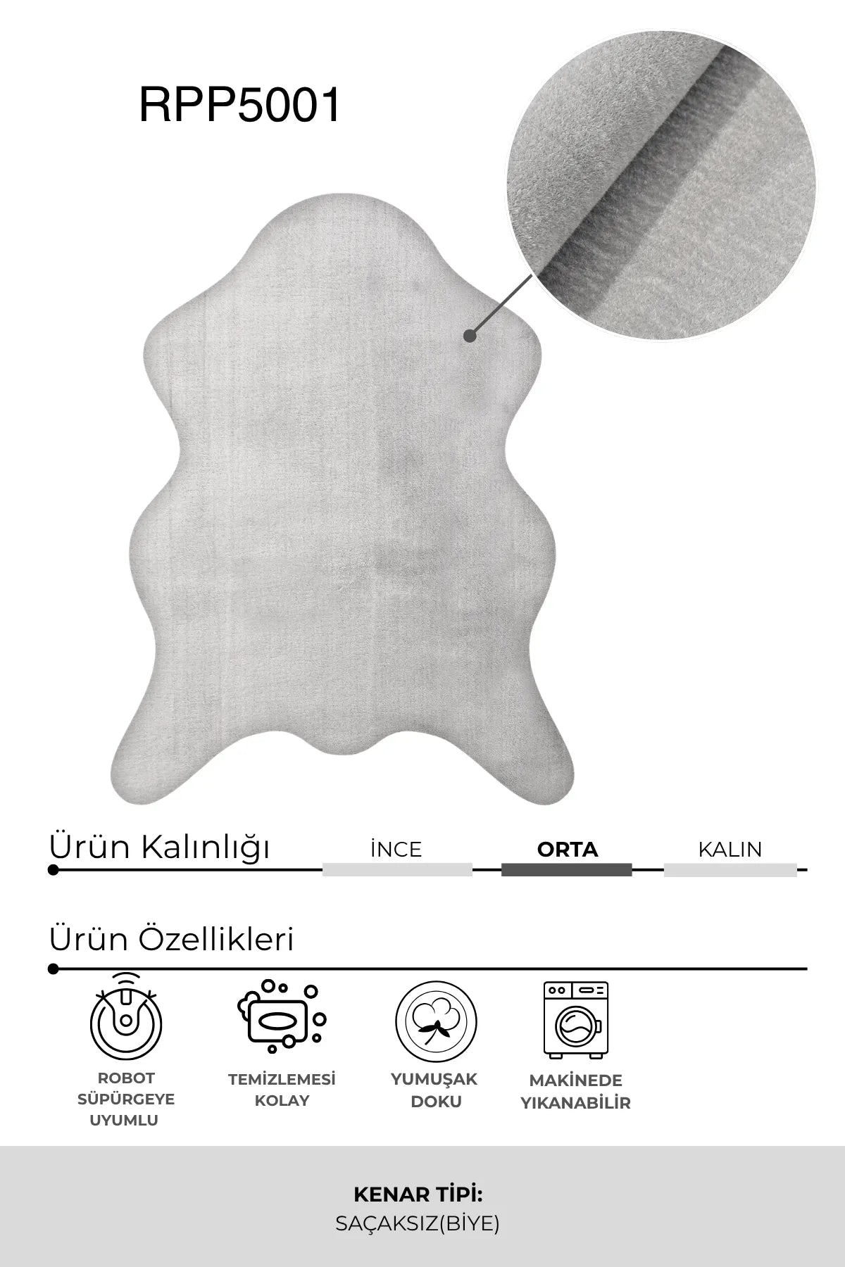 Gri Post Şeklinde Peluş Halı