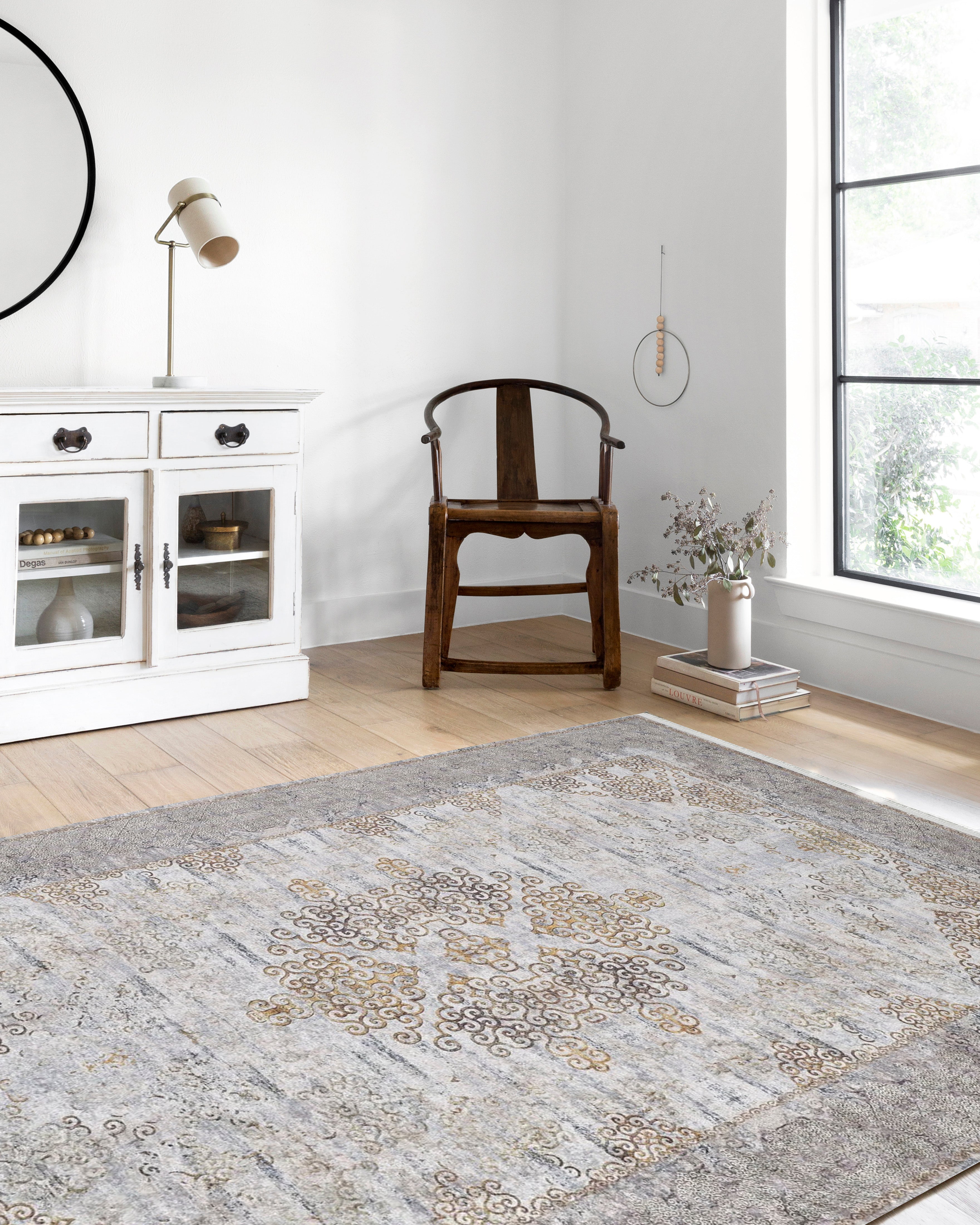 Bej Gri Altın Çiçekli Vintage Madalyonlu Geometrik Halı - Pera Halı
