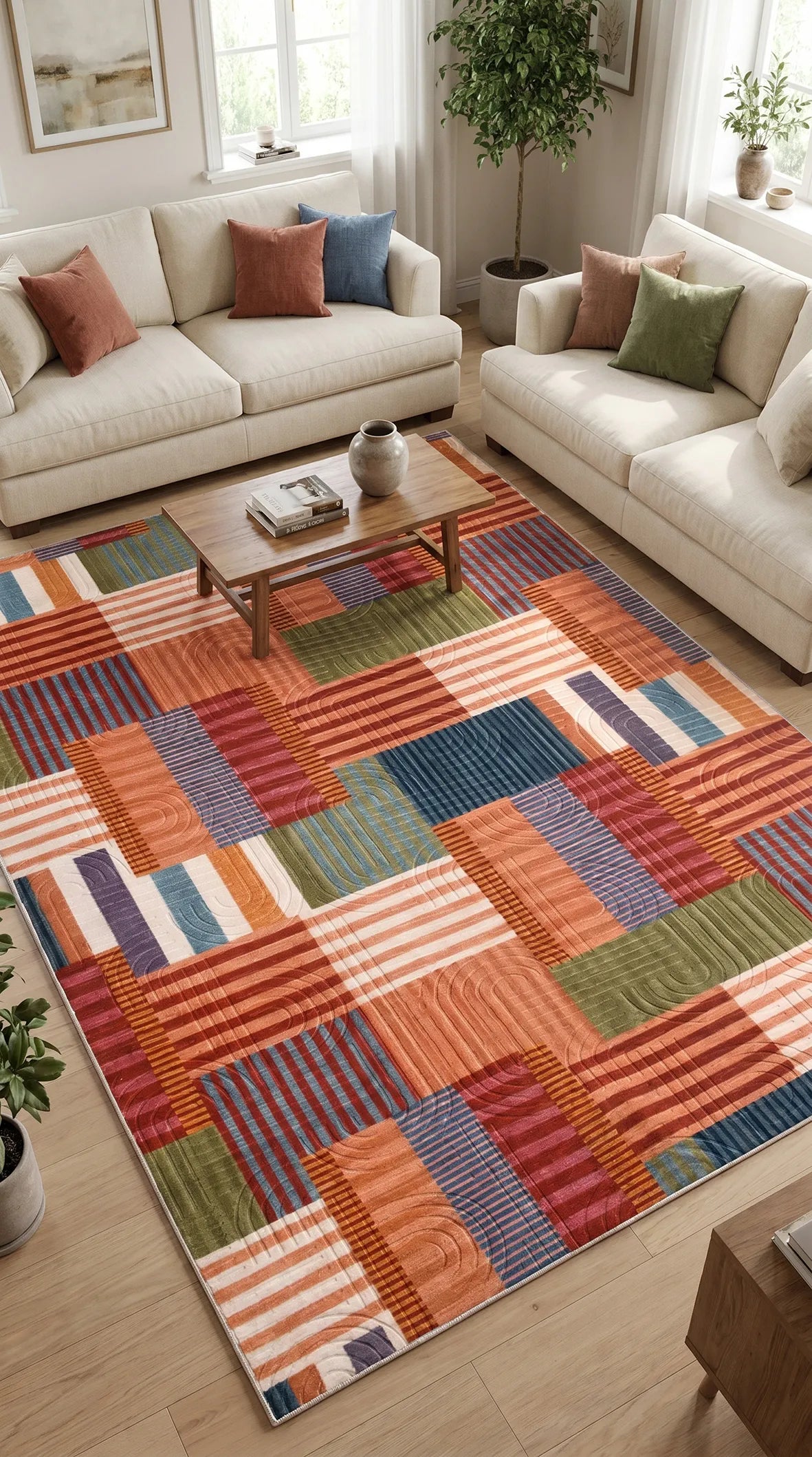 Renkli Kareli Patchwork Yıkanabilir Halı