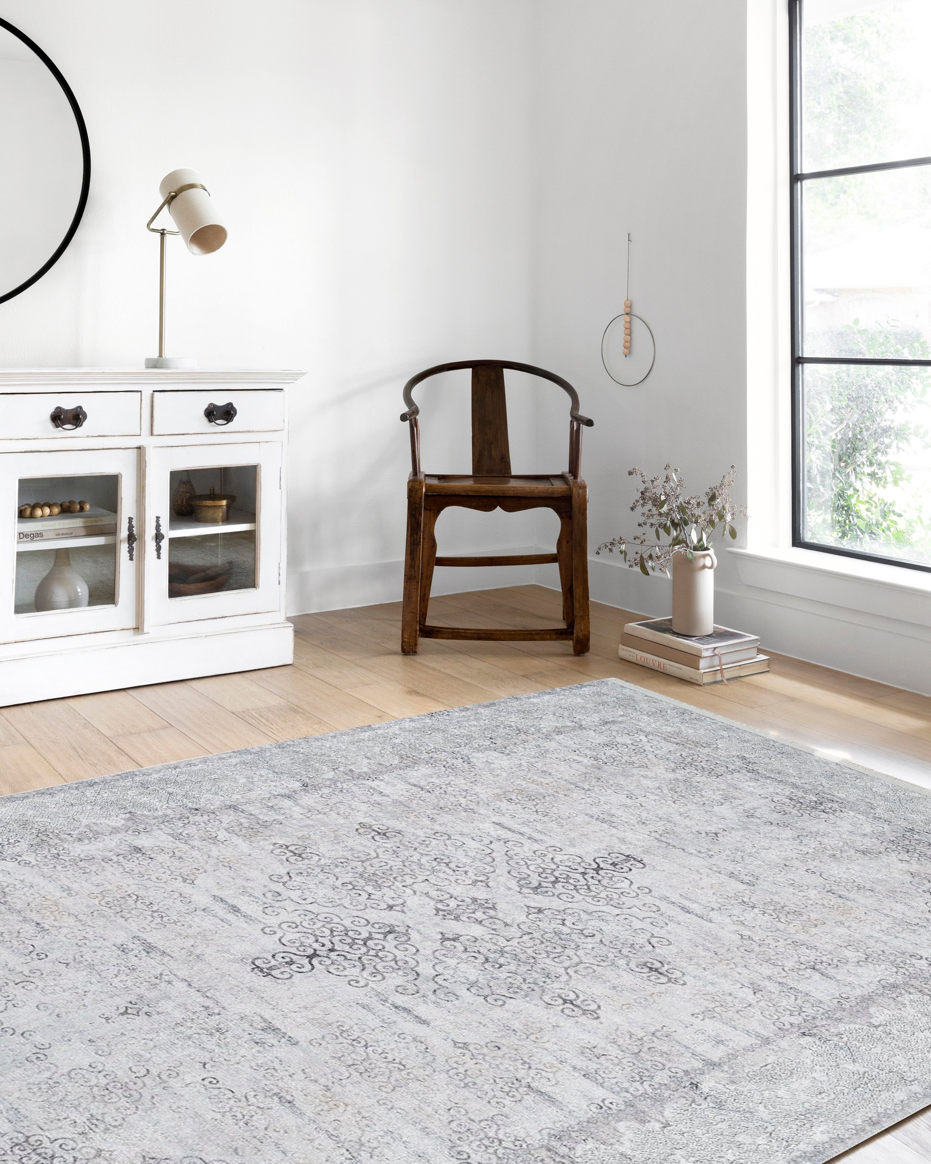Gri Çiçekli Vintage Geometrik Madalyon Halı - Pera Halı