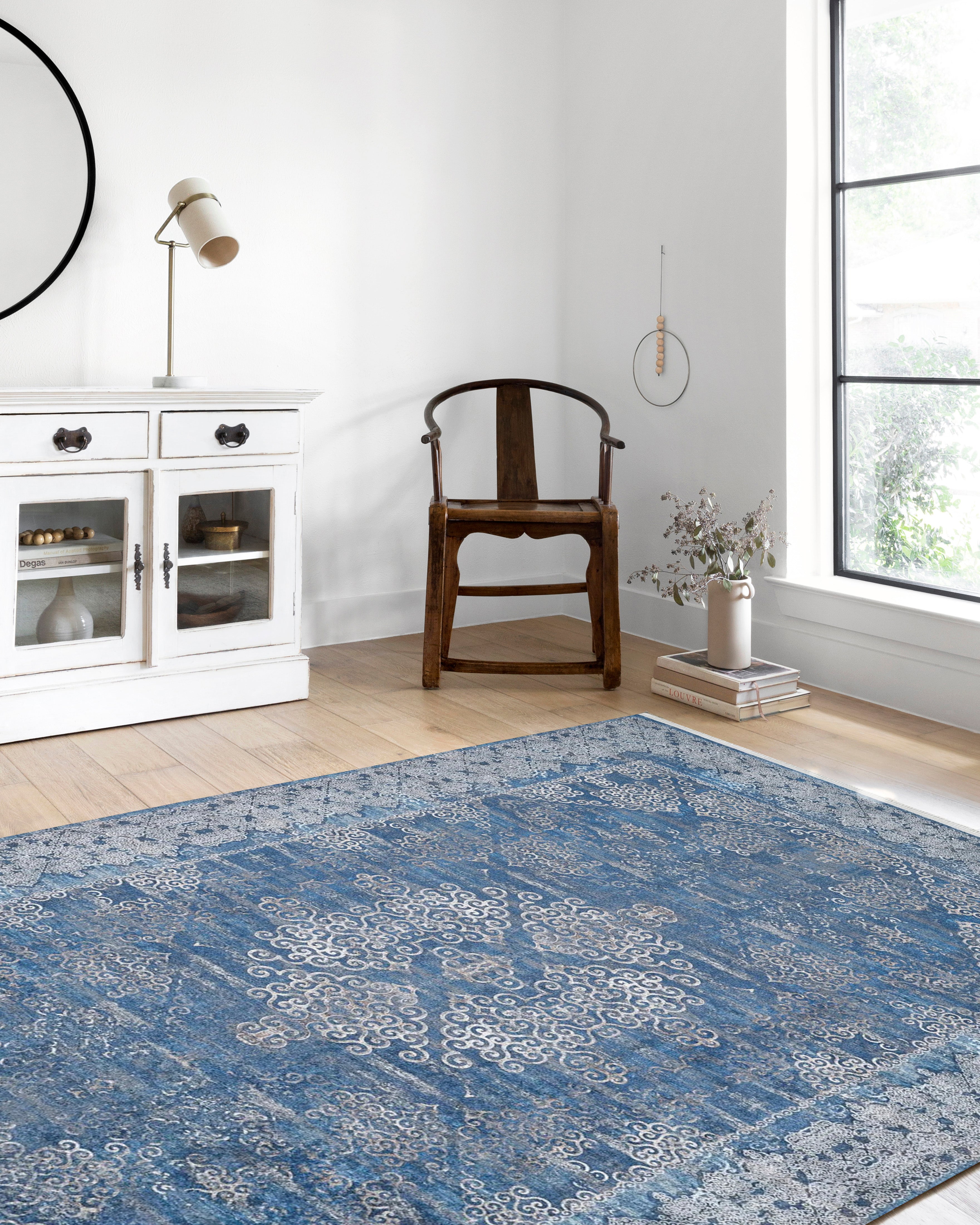 Lacivert Gri Çiçekli Vintage Madalyonlu Geometrik Halı - Pera Halı