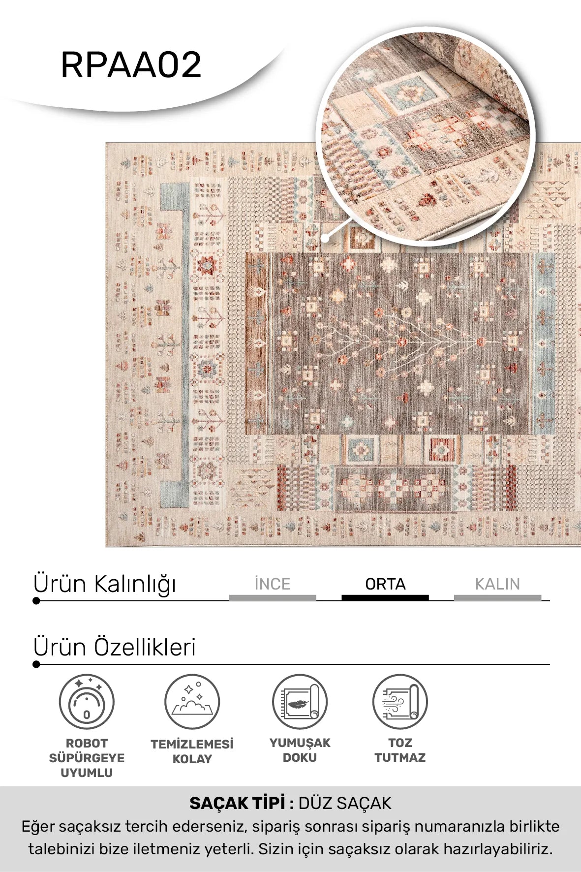 Vizon Renkli Etnik Motifli Vintage Halı