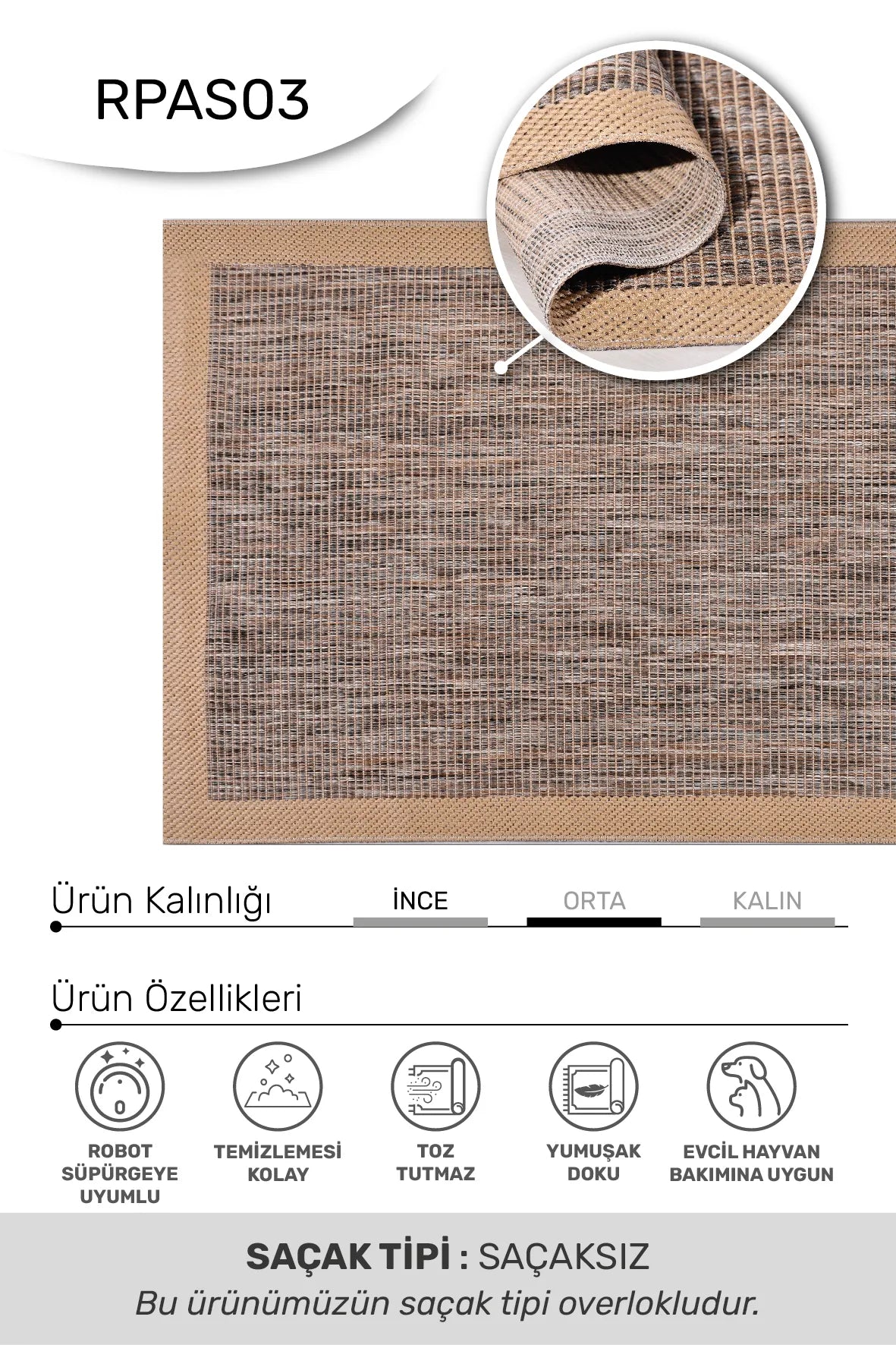 Kahve ve Vizon Bordürlü Sisal Görünümlü Halı