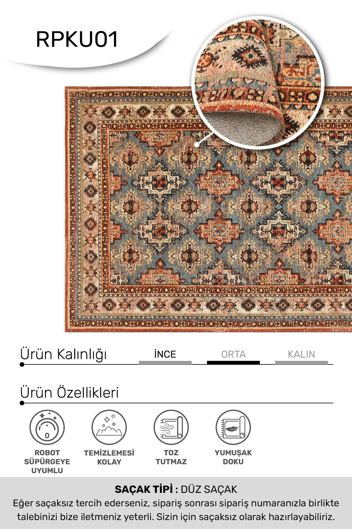 Mavi ve Kiremit Vintage Saçaklı Kilim