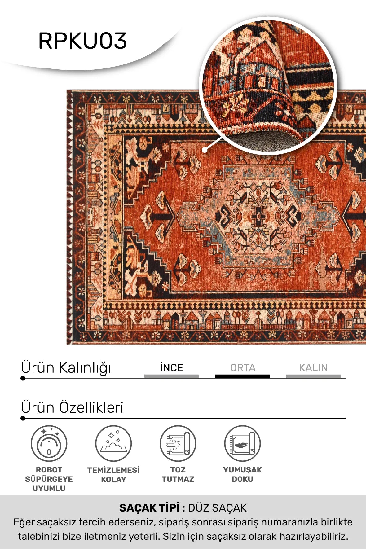 Kiremit Çiçek Motifli Vintage Saçaklı Kilim