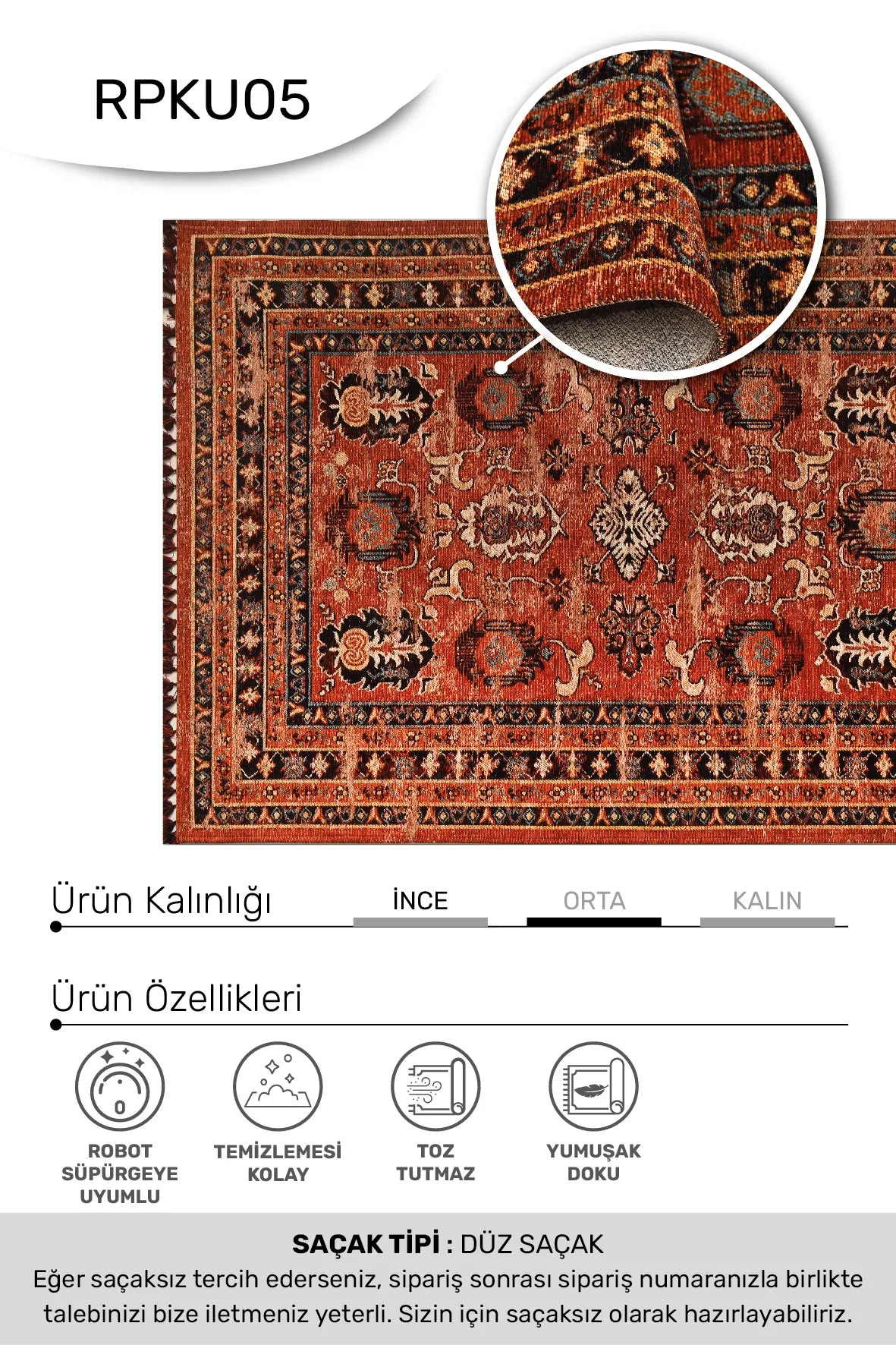 Kiremit Bordürlü Vintage Saçaklı Kilim