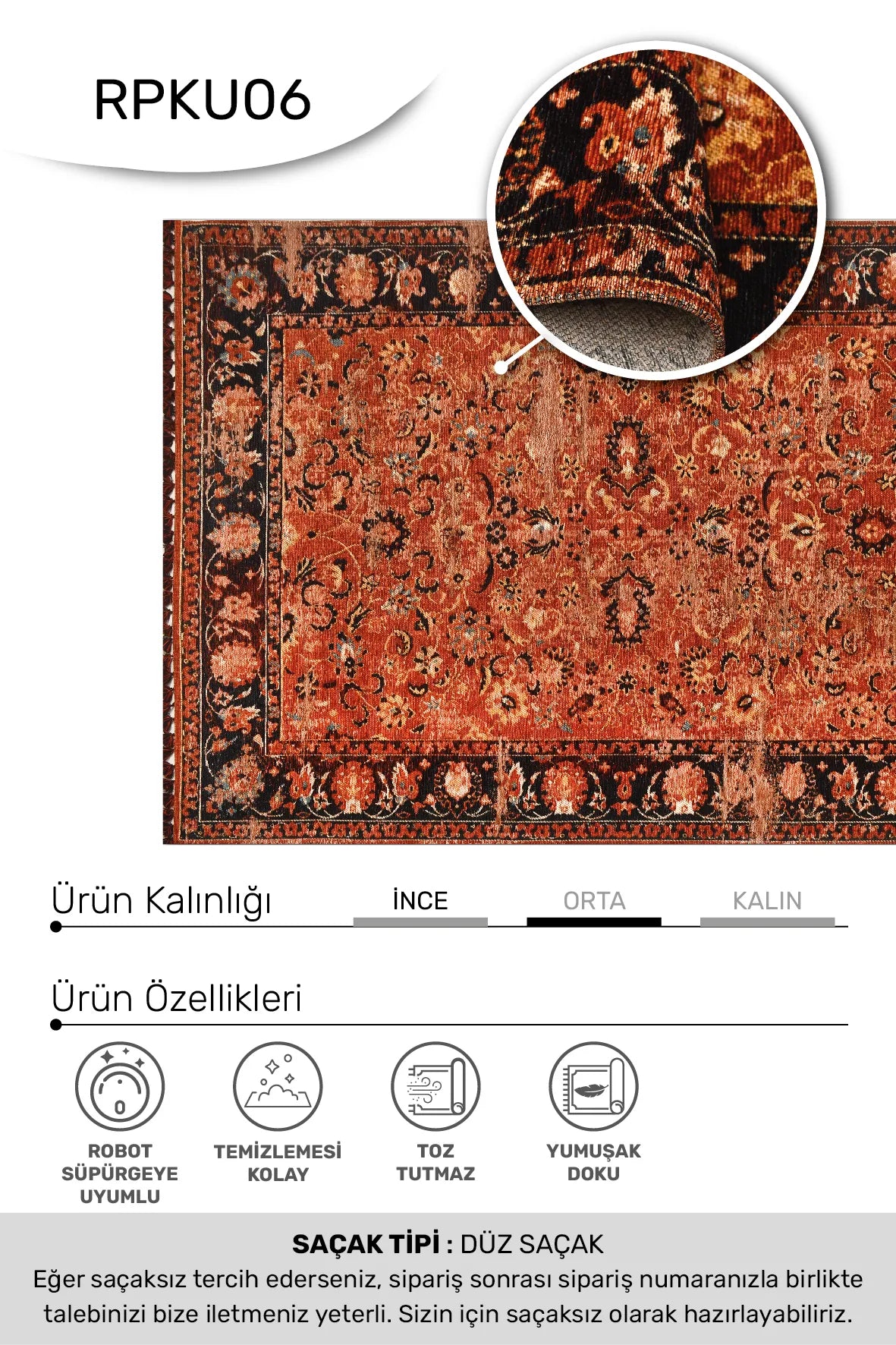 Kiremit ve Siyah Vintage Saçaklı Kilim