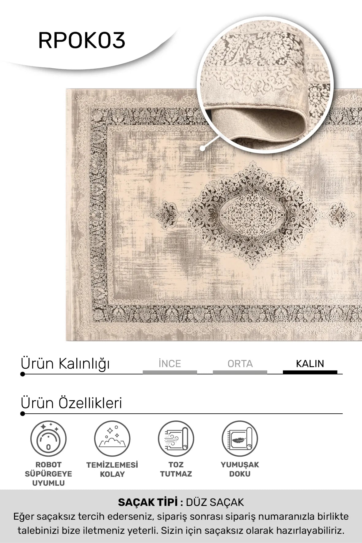 Bej ve Gri Damask Desenli Saçaklı Halı