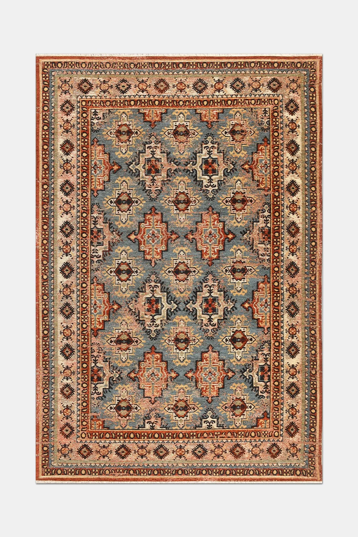Mavi ve Kiremit Vintage Saçaklı Kilim