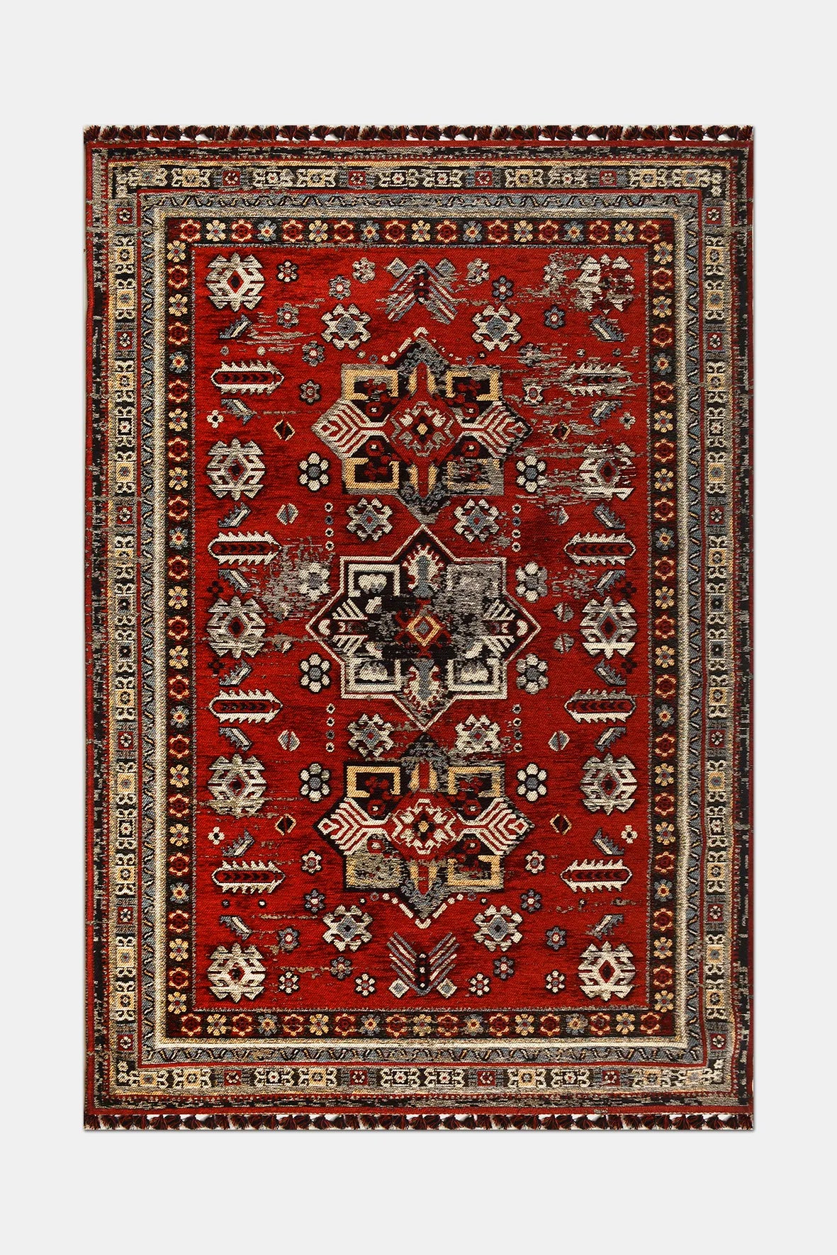 Kırmızı ve Siyah Geometrik Saçaklı Kilim