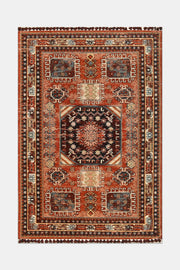 Kiremit ve Siyah Yıldız Motifli Saçaklı Kilim