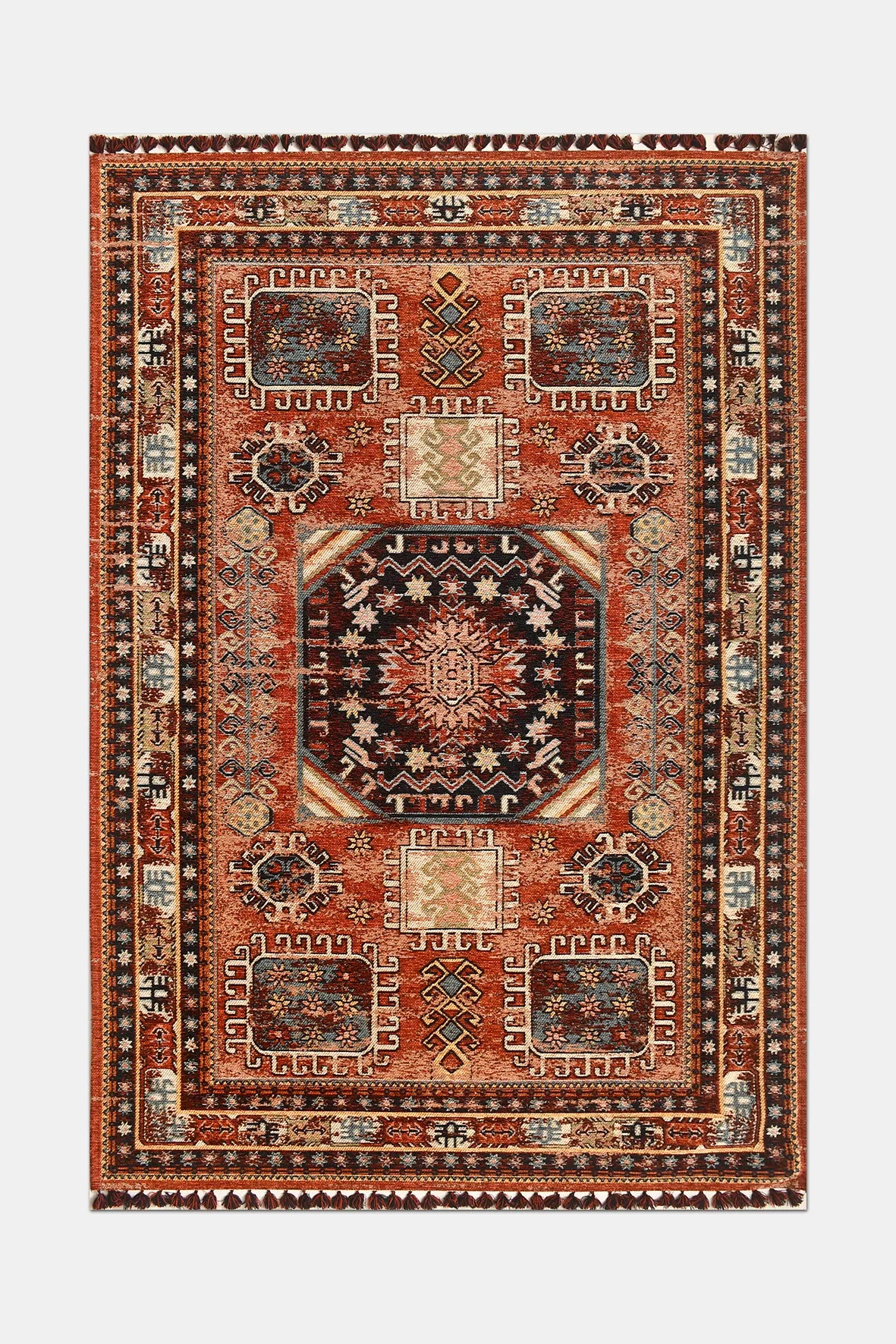 Kiremit ve Siyah Yıldız Motifli Saçaklı Kilim
