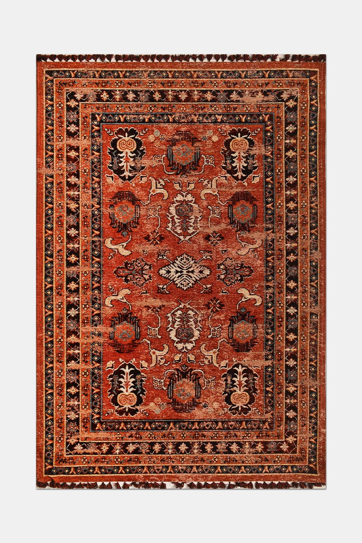 Kiremit Bordürlü Vintage Saçaklı Kilim
