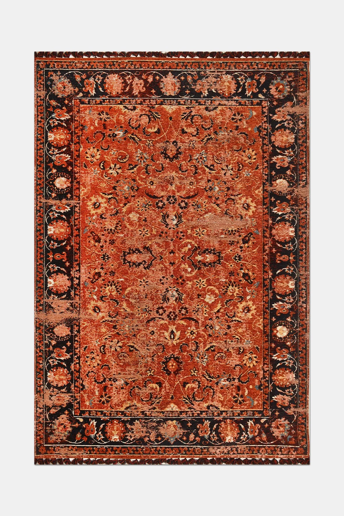 Kiremit ve Siyah Vintage Saçaklı Kilim