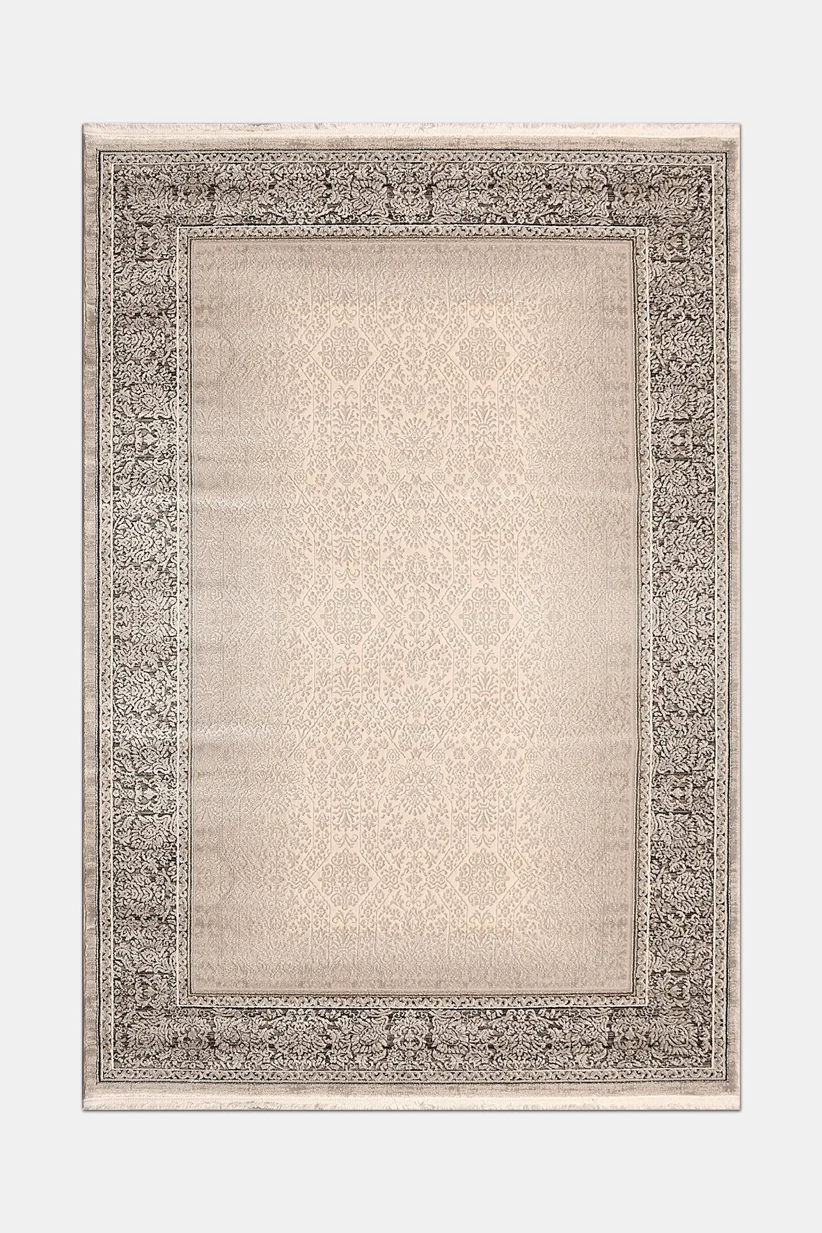 Bej ve Kahve Damask Desenli Saçaklı Halı