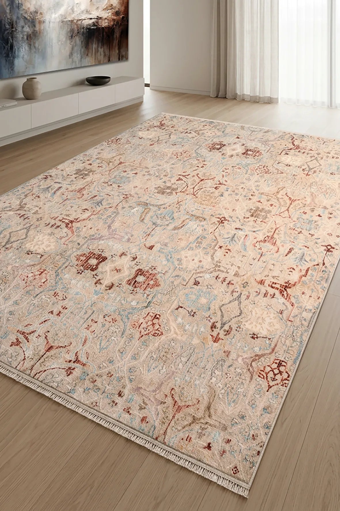 Krem ve Kiremit Vintage Çiçek Desenli Halı