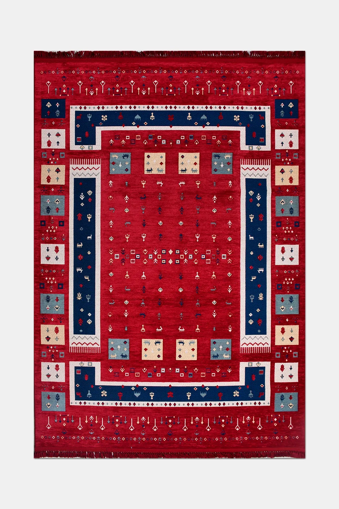 Kırmızı ve Lacivert Bordürlü Etnik Kilim