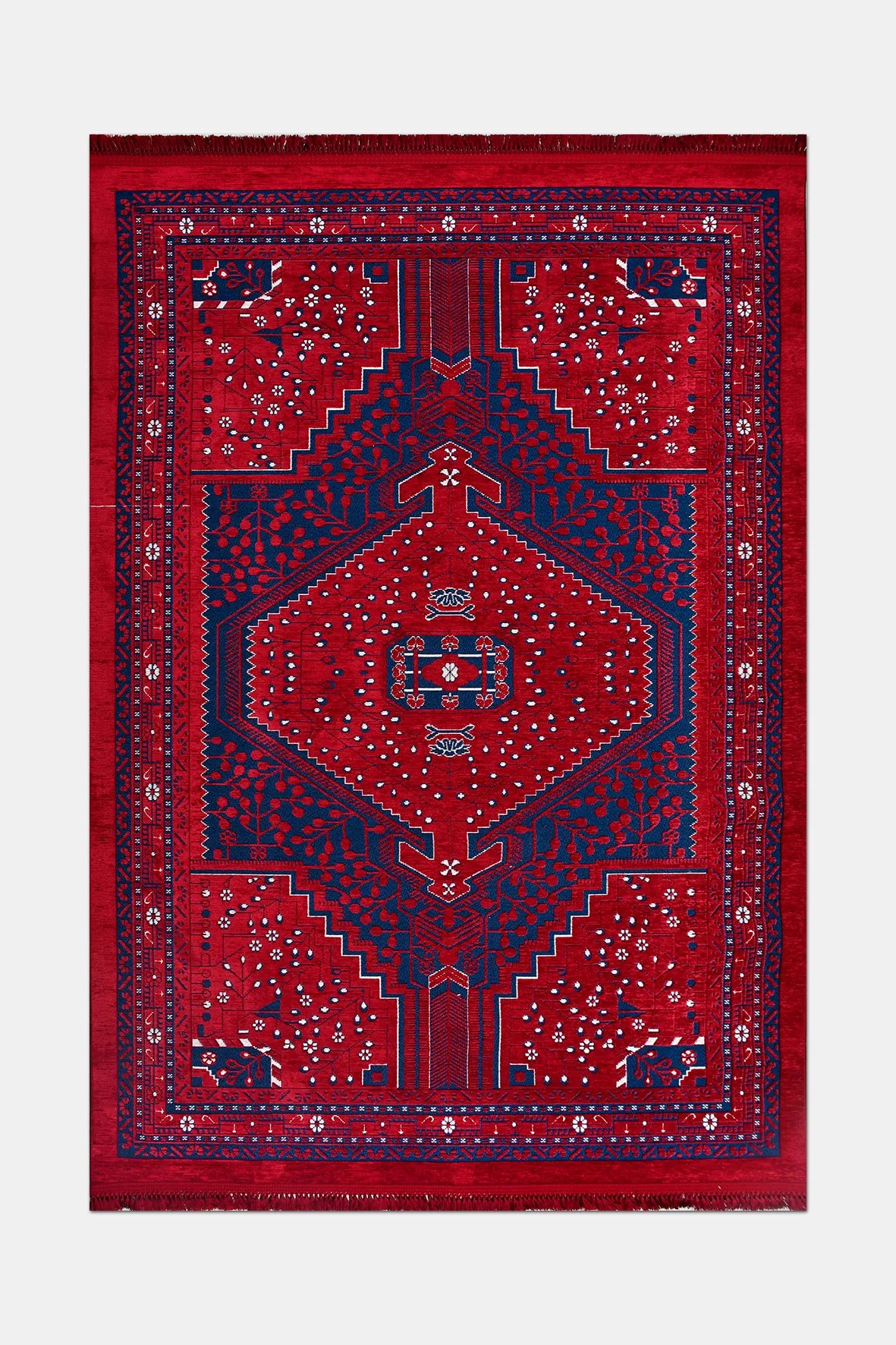 Kırmızı ve Lacivert Madalyonlu Etnik Kilim