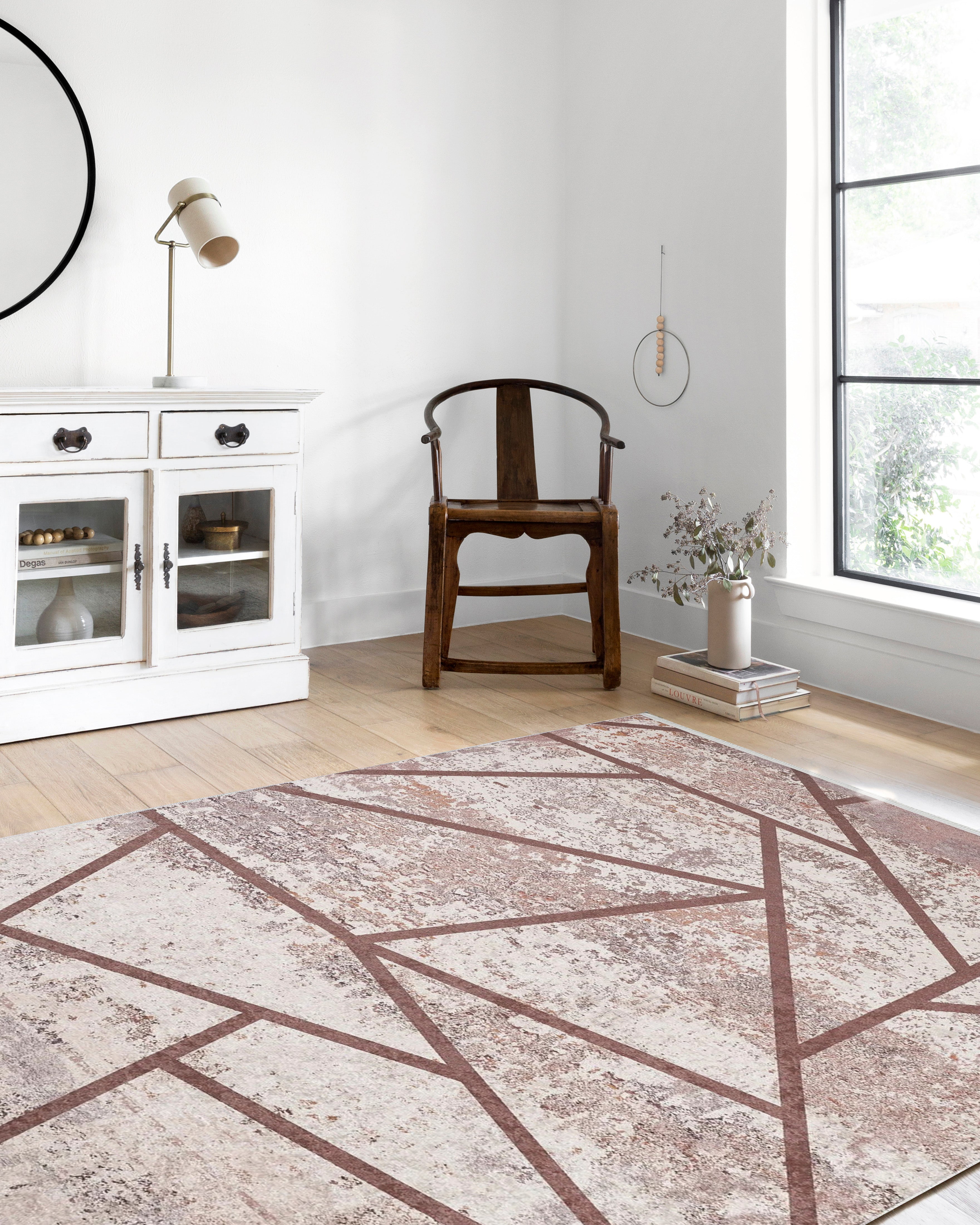 Krem ve Kahve Geometrik Çizgili Halı