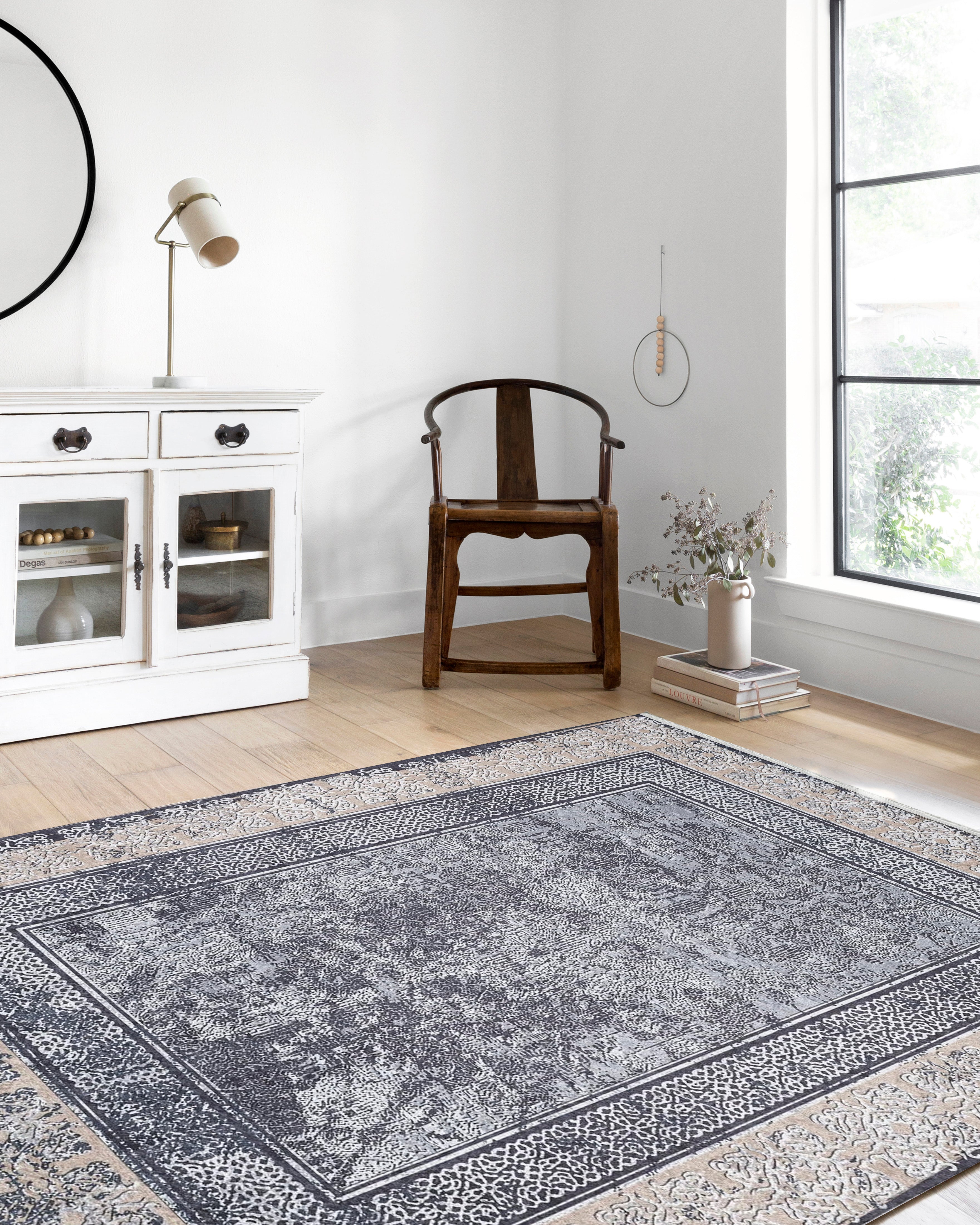 Vintage Efektli Füme Bej Bordürlü Modern Halı