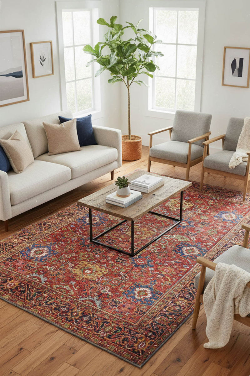 Kırmızı ve Lacivert Çiçekli Geleneksel Halı