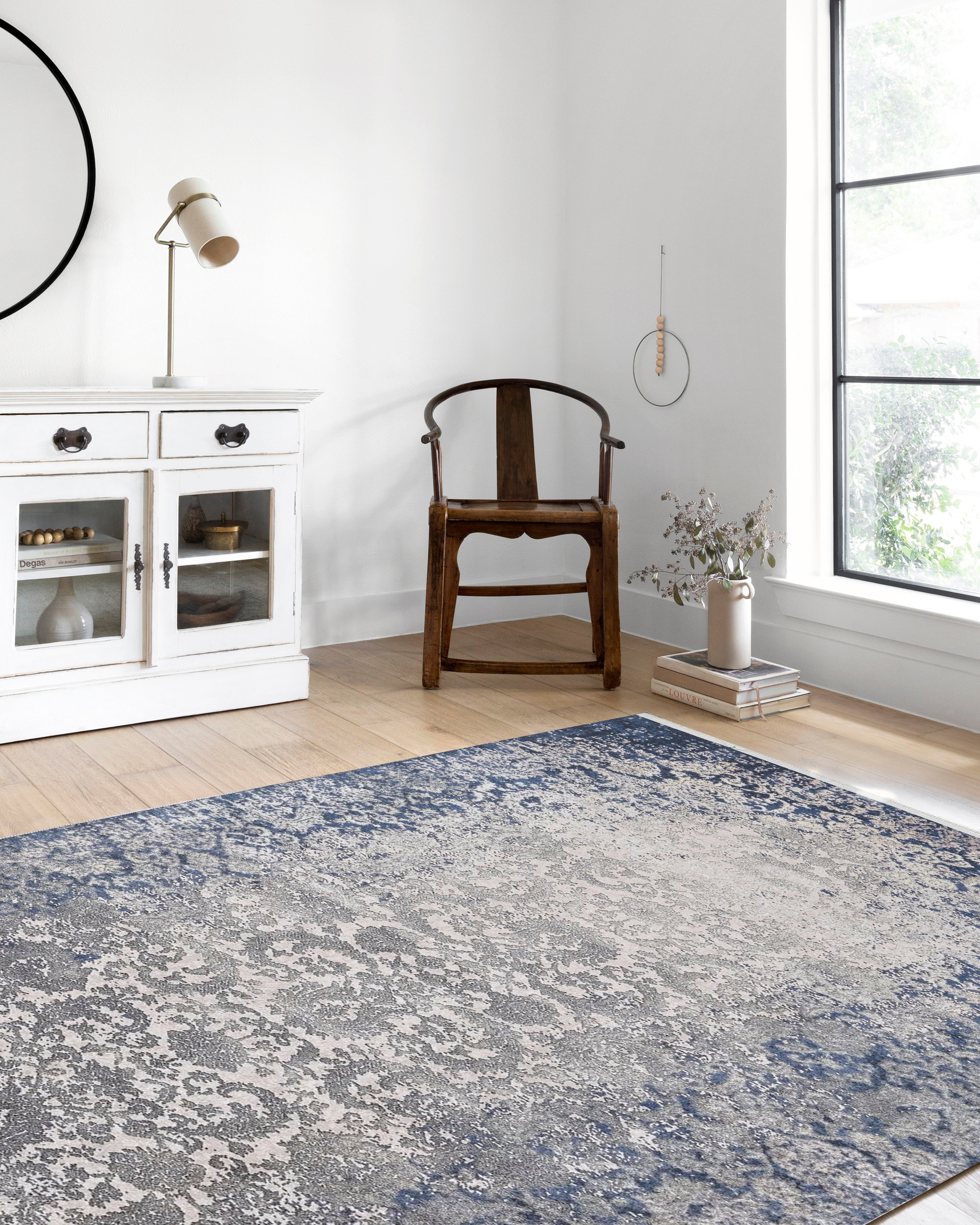 Lacivert Gri Çiçekli Vintage Geometrik Modern Halı - Pera Halı