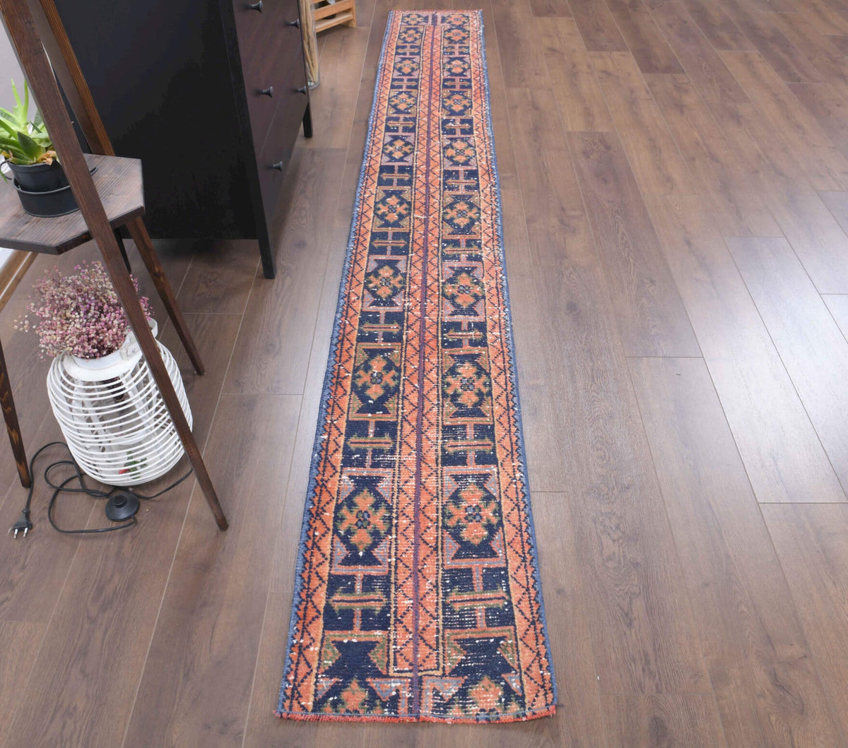 El yapımı vintage yolluk 43x335 cm oryantal desenli yün - detay görünümü
