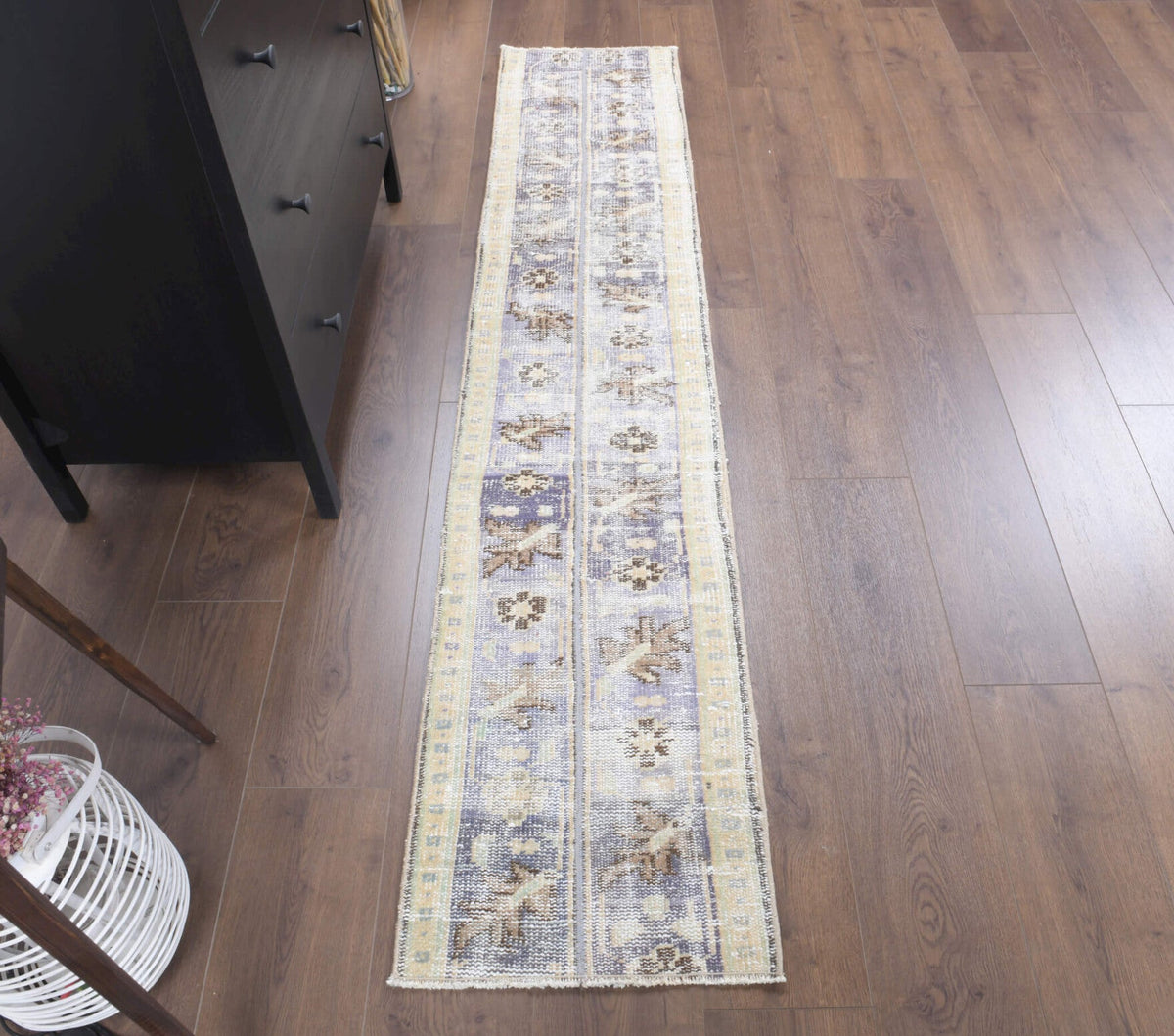 El yapımı vintage yolluk 43x213 cm oryantal desenli yün - açık alan görünümü