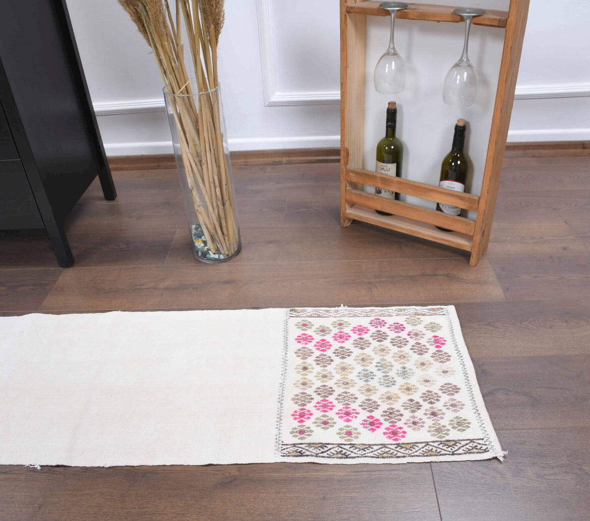 Vintage yolluk 43x212 cm – bej, pembe ve beyaz oryantal desenli, el dokuma