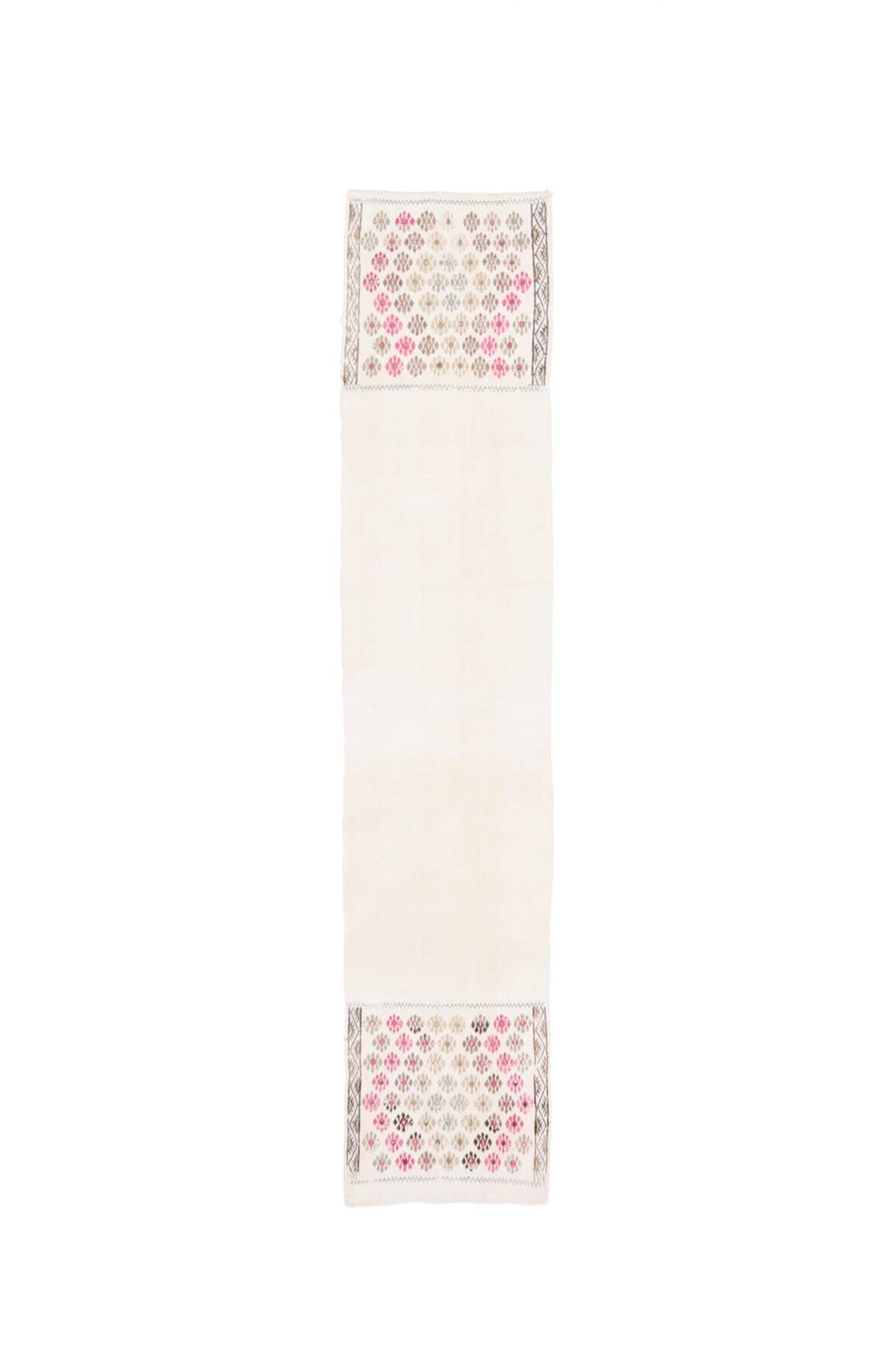 43x212 cm bej, pembe ve beyaz oryantal desenli el dokuma vintage yolluk – üstten tam görünüm