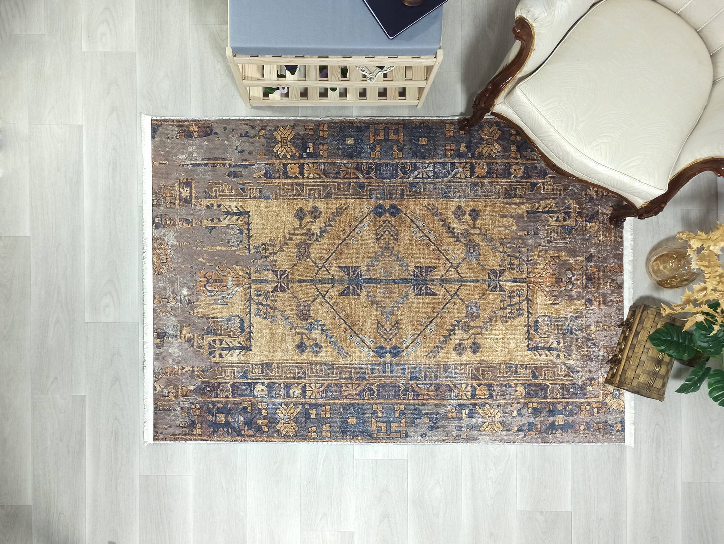 İran Kahverengi Sarı Vintage Yazlık Halı - Pera Halı