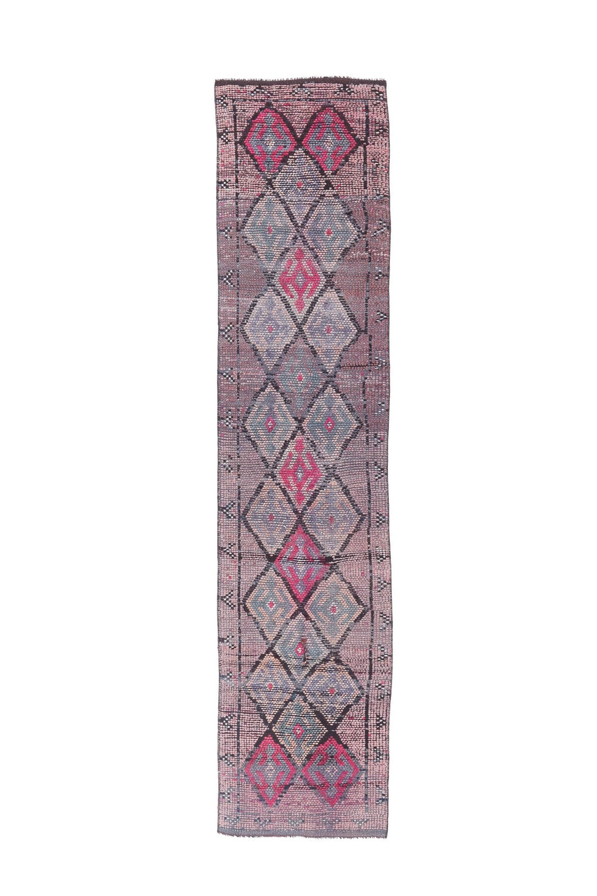 71x313 cm pembe, mor ve kırmızı geometrik desenli el dokuma vintage yolluk – üstten tam görünüm