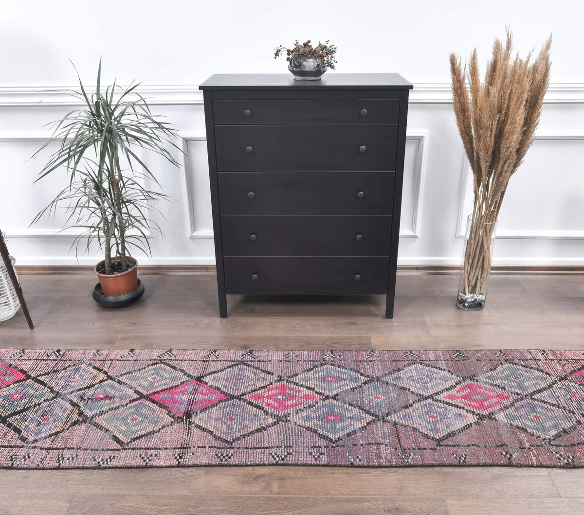 El yapımı vintage yolluk 71x315 cm geometrik desenli yün - detay görünümü