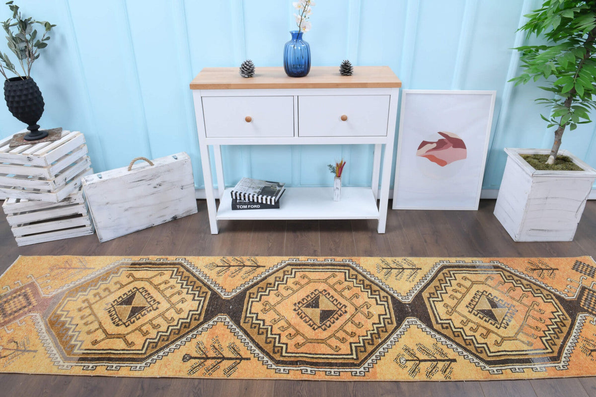 El yapımı vintage yolluk 74x302 cm tribal desenli yün - detay görünümü