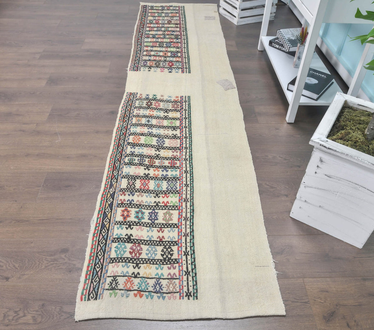 El yapımı vintage yolluk 74x305 cm tribal desenli yün - detay görünümü