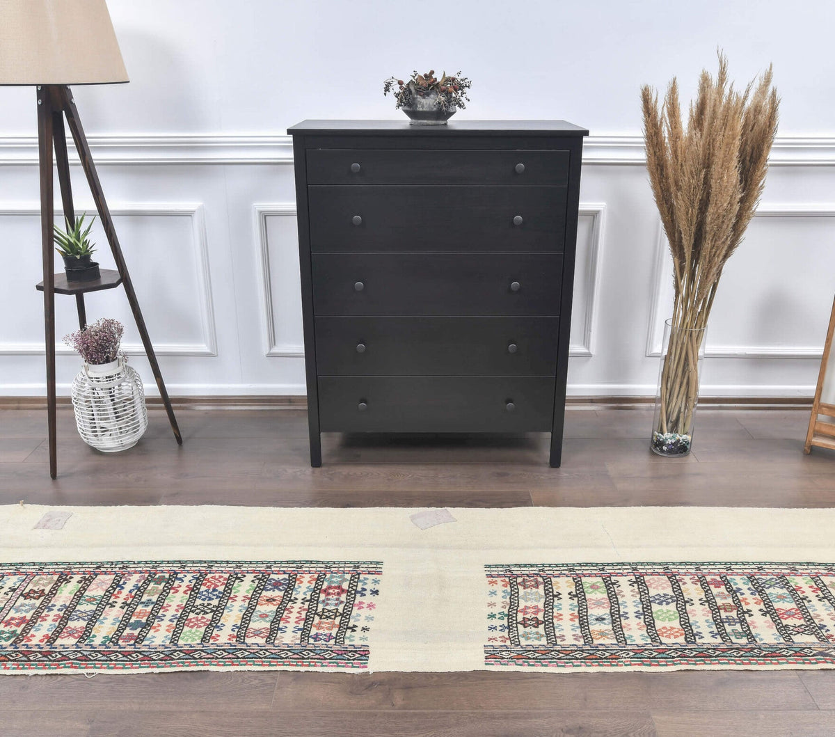 El yapımı vintage yolluk 74x305 cm tribal desenli yün - yakın çekim doku detayı