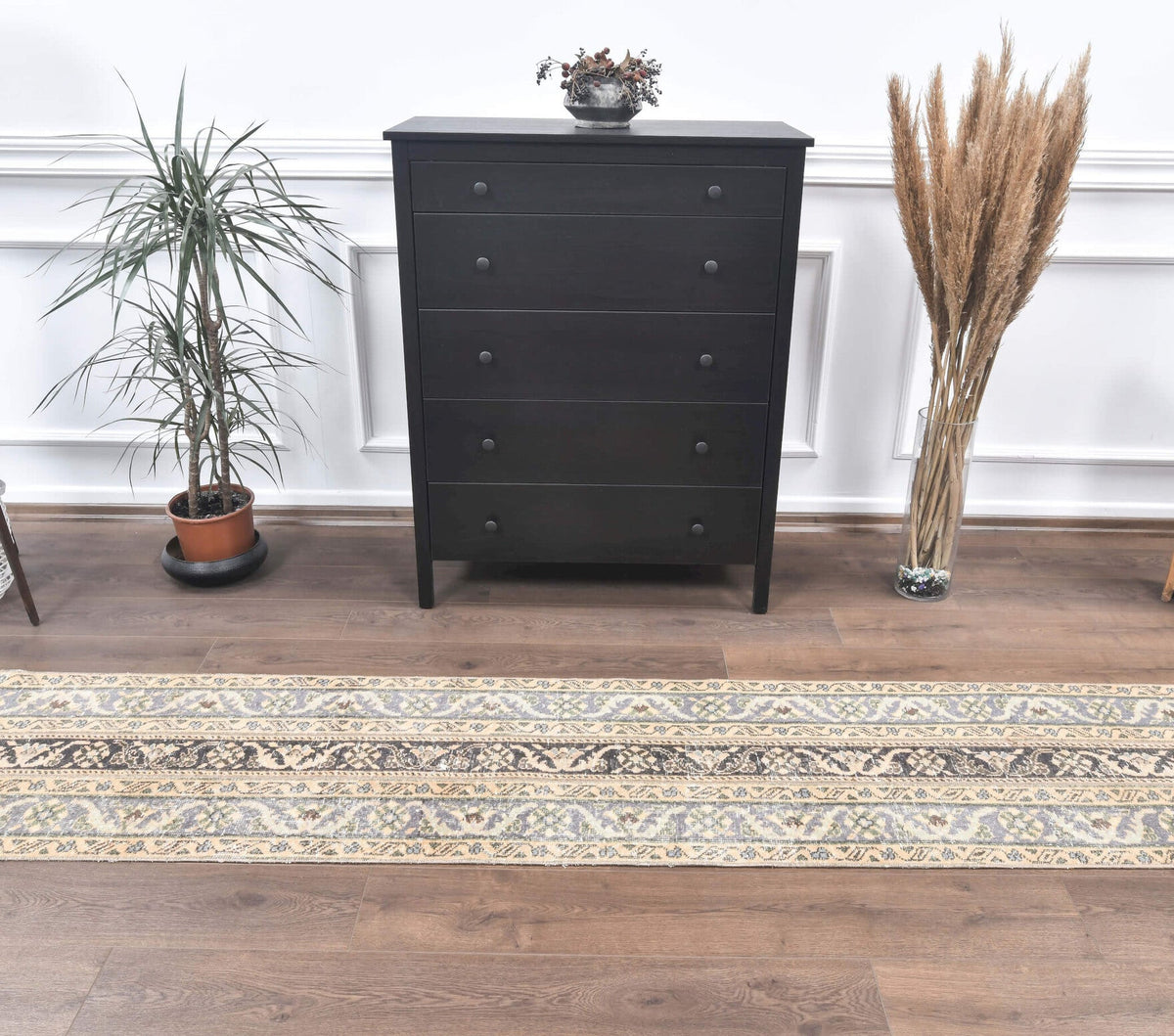 El yapımı vintage yolluk 61x310 cm i̇kat desenli yün - detay görünümü