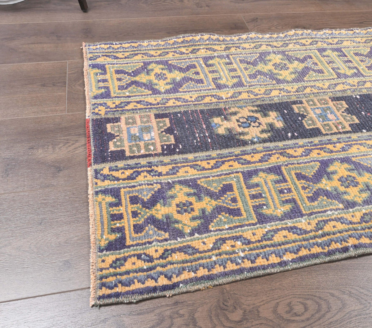 El yapımı vintage yolluk 66x290 cm i̇kat desenli yün - yakın çekim doku detayı
