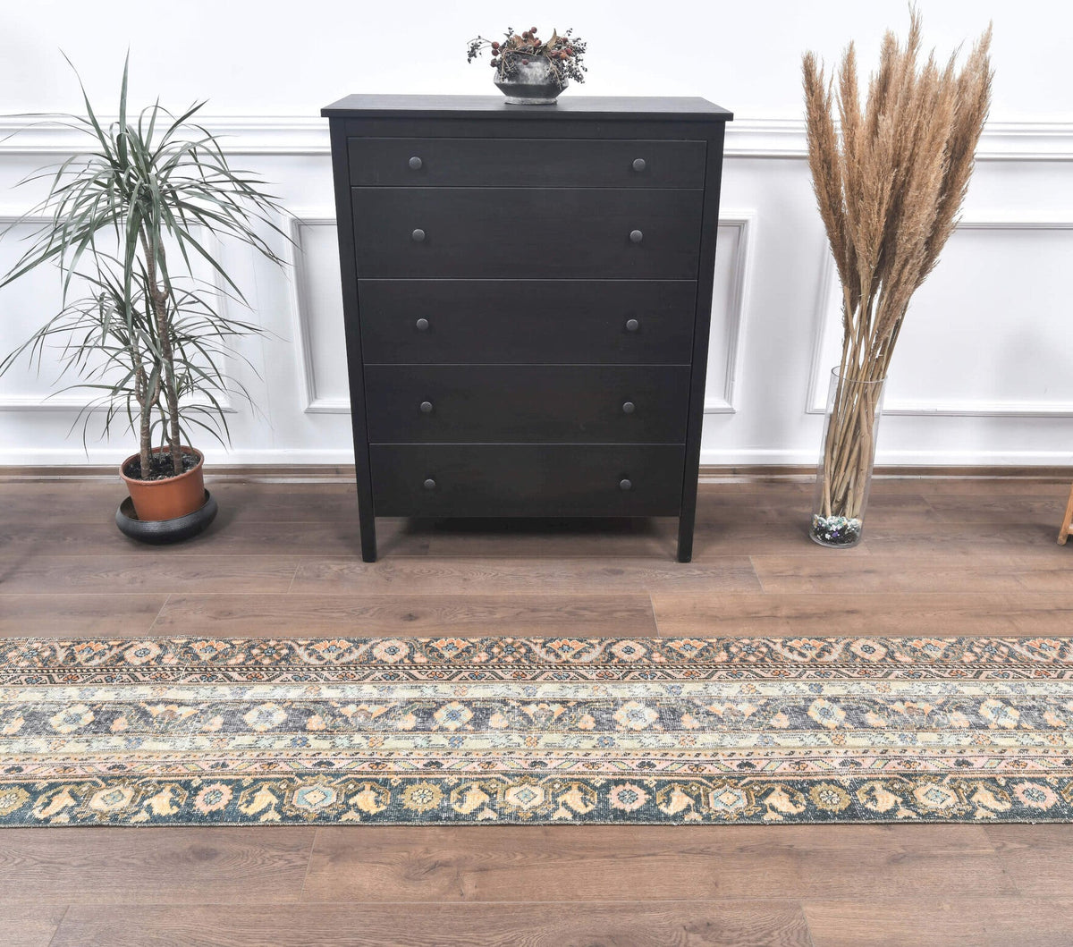 El yapımı vintage yolluk 58x302 cm çiçek desenli desenli yün - detay görünümü