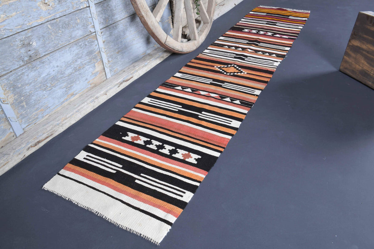El yapımı vintage yolluk 61x295 cm çizgili desenli yün - yakın çekim doku detayı