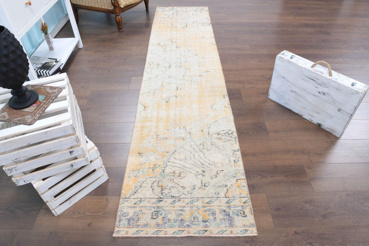 69x301 cm kırmızı, gri ve kahverengi çiçek desenli el dokuma vintage yolluk – üstten tam görünüm