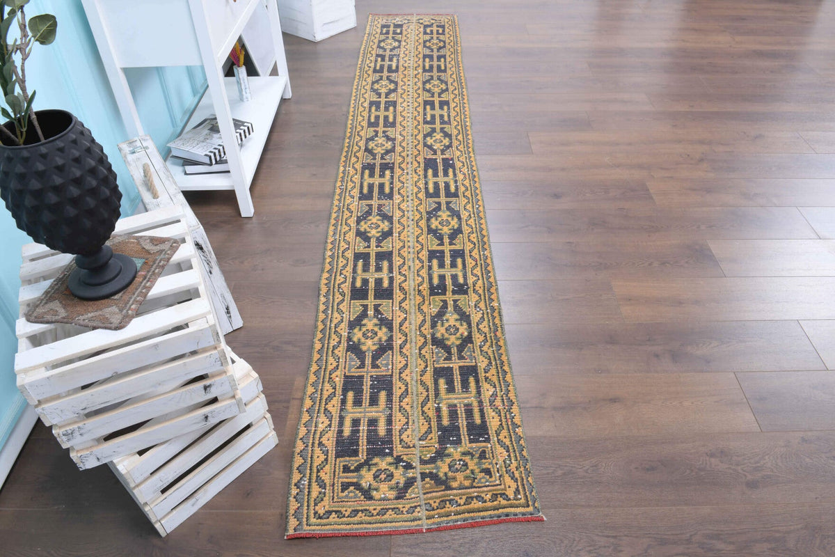 El yapımı vintage yolluk 56x325 cm i̇kat desenli yün - yakın çekim doku detayı
