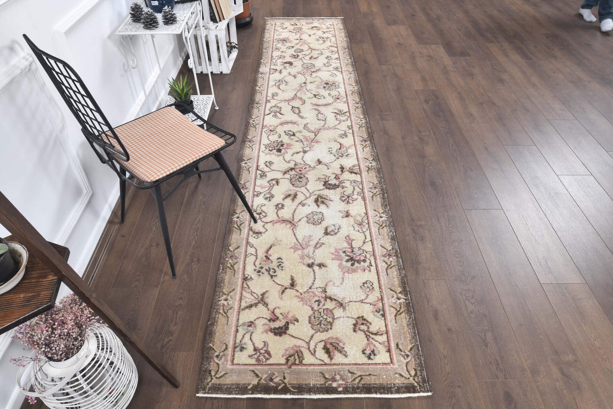El yapımı vintage yolluk 76x348 cm çiçek desenli desenli yün - kenar ve saçak detayı