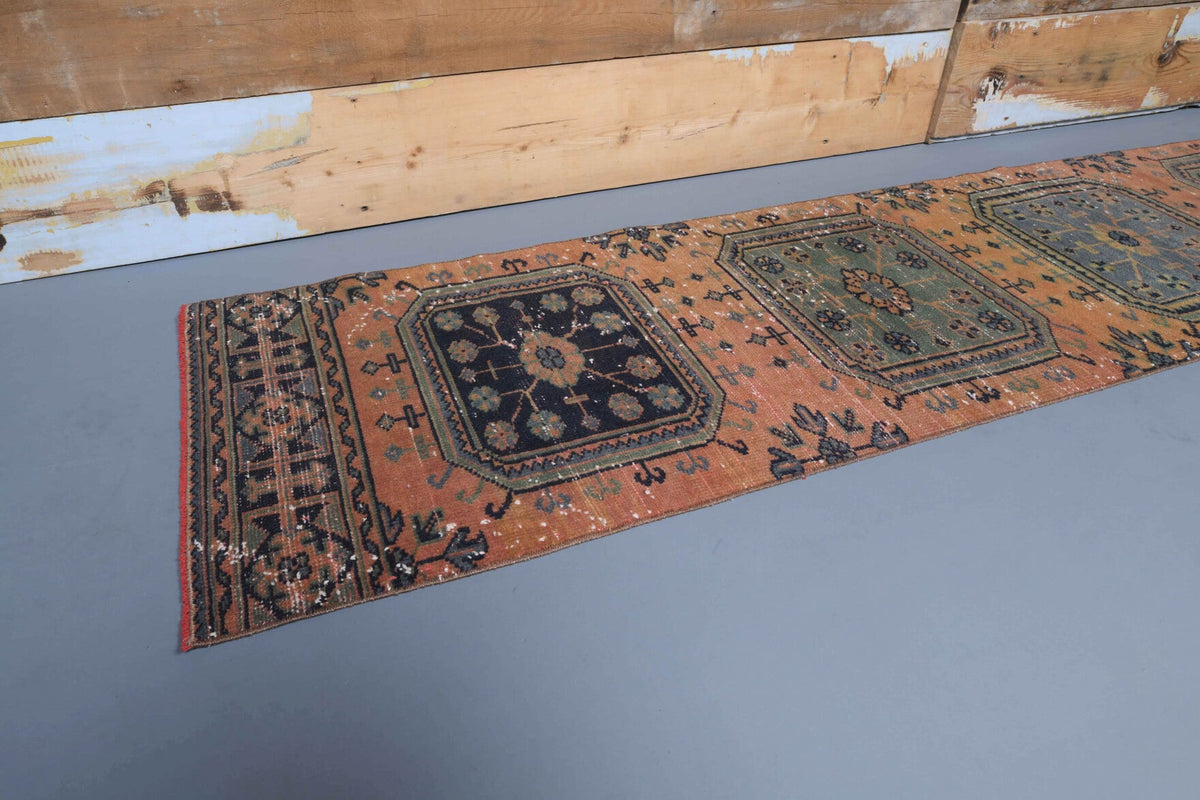 1970'lerden Anadolu kökenli ikat desenli el dokuma vintage yolluk, 68x345 cm