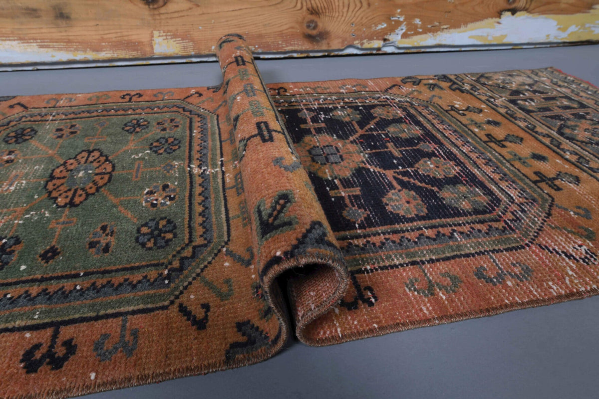 Antre ve koridor için ikat desenli el dokuma vintage yolluk – 68x345 cm